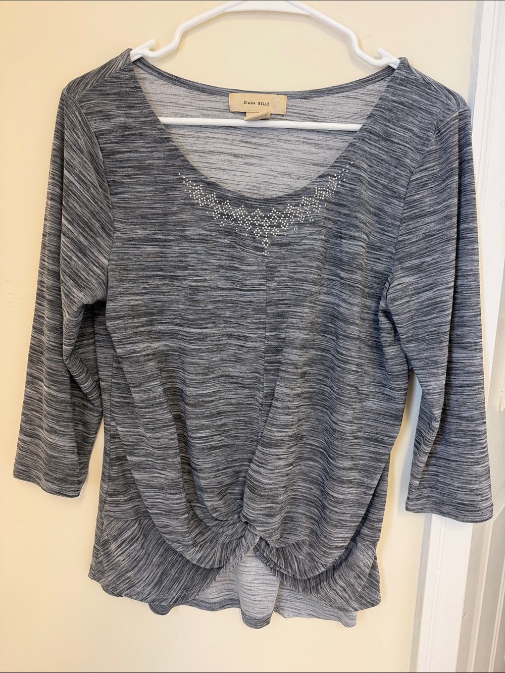 Diana Kull Gray Twist-Front 3/4 Sleeve Top with Rhinestone Detail